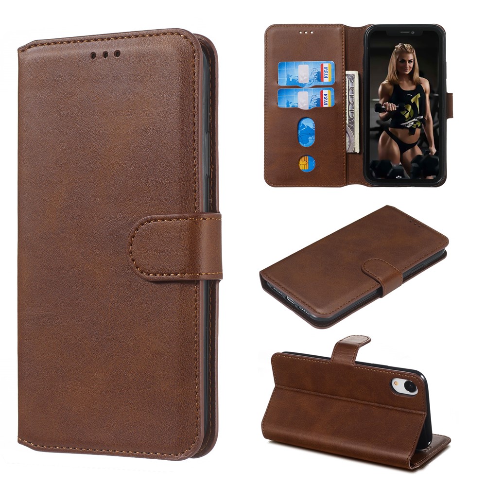 For iPhone XR 6.1 inch Solid Color Flip Leather Wallet Mobile Phone Covering - Brown