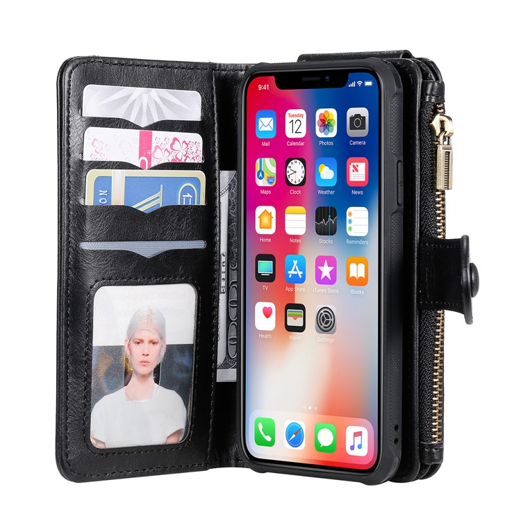 Multi-functional Retro Leather Wallet Case for iPhone XS/X 5.8 inch - Black-12