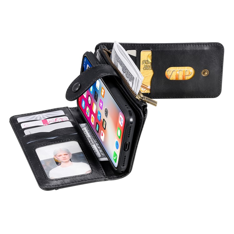 Multi-functional Retro Leather Wallet Case for iPhone XS/X 5.8 inch - Black-22