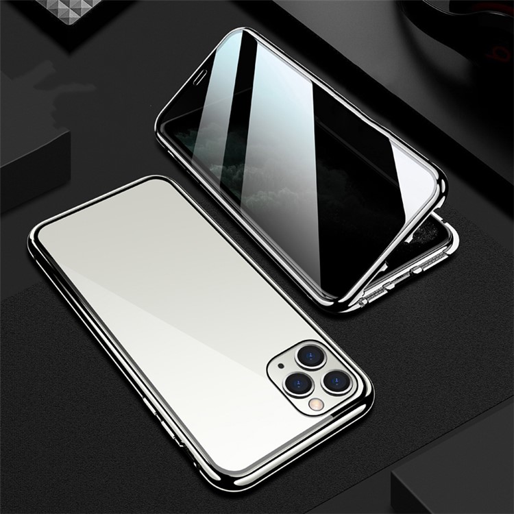R-JUST Anti-peep Magnetic Installation Metal Frame + Tempered Glass Phone Casing for iPhone 11 Pro 5.8-inch - Silver-1