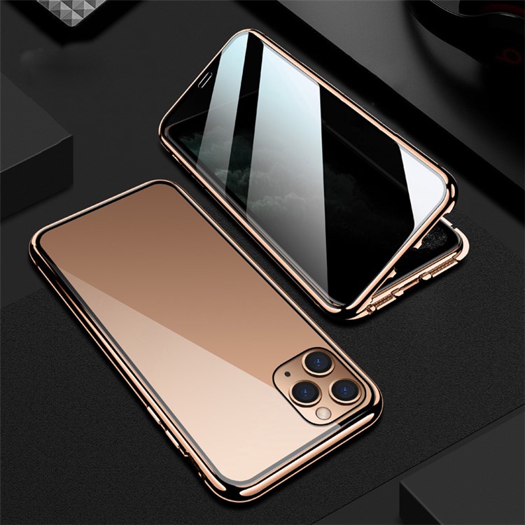 R-JUST Anti-peep Magnetic Installation Metal Frame + Tempered Glass Phone Casing for iPhone 11 Pro 5.8-inch - Rose Gold-1