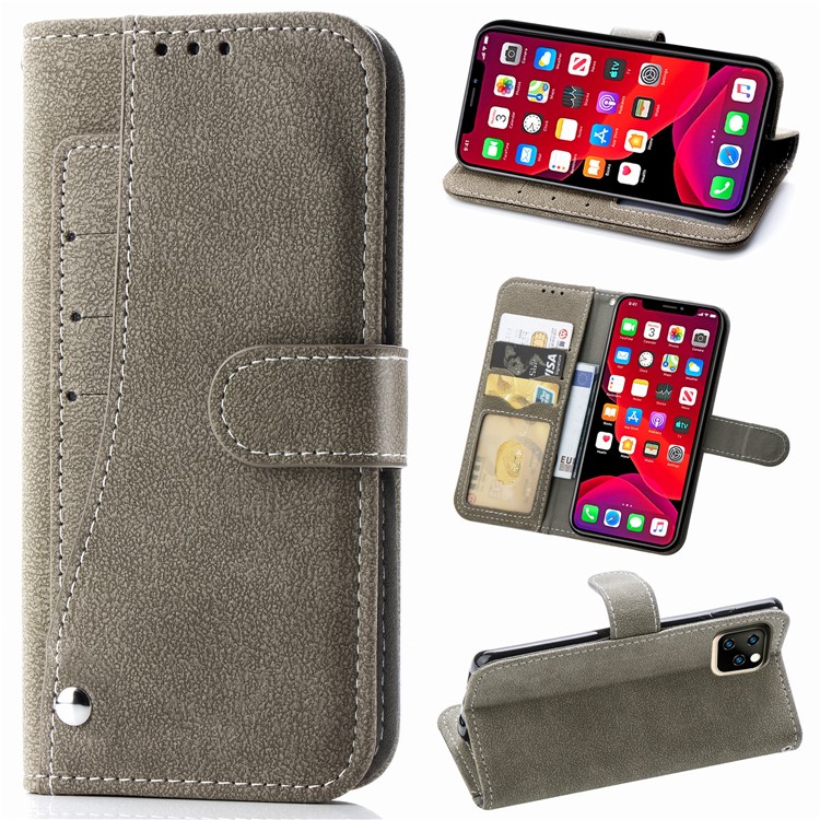 Matte Leather Wallet Stand Phone Cover Rotary Card Holder Case for iPhone 11 Pro Max 6.5 inch - Grey-1