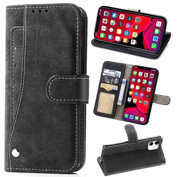 Matte Leather Wallet Stand Phone Cover with Rotary Card Holder Shell for iPhone 11 6.1 inch - Black-1