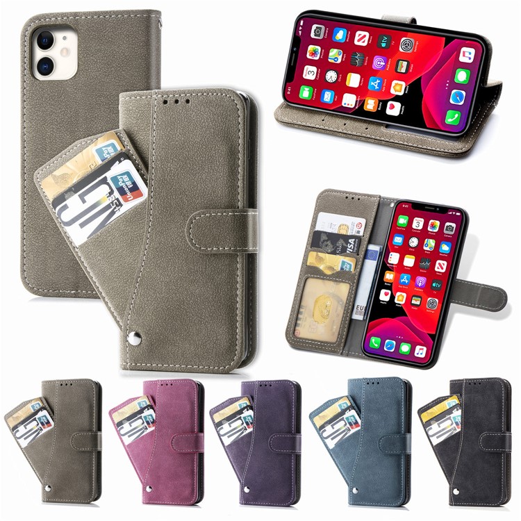 Matte Leather Wallet Stand Phone Cover with Rotary Card Holder Shell for iPhone 11 6.1 inch - Black-11