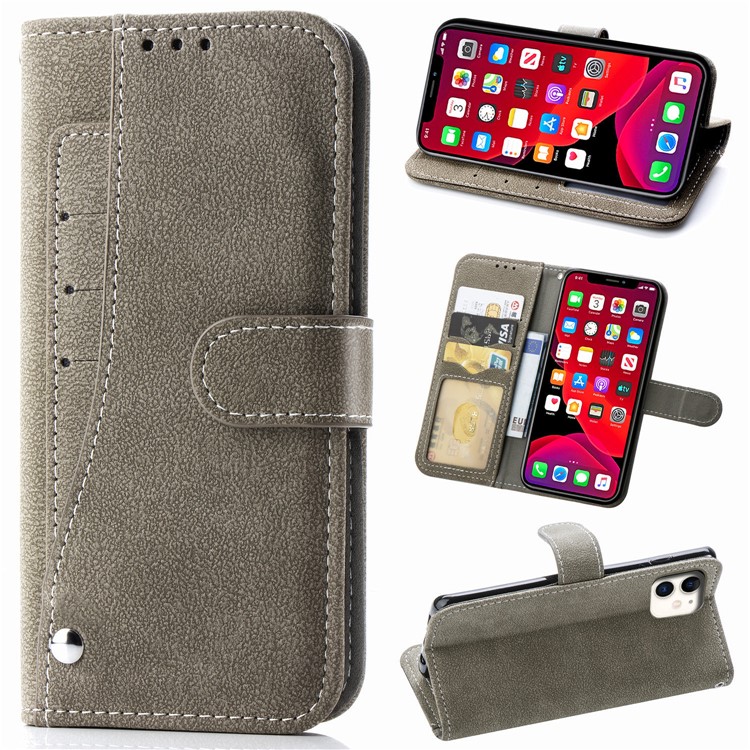 Matte Leather Wallet Stand Phone Cover with Rotary Card Holder Shell for iPhone 11 6.1 inch - Grey-1