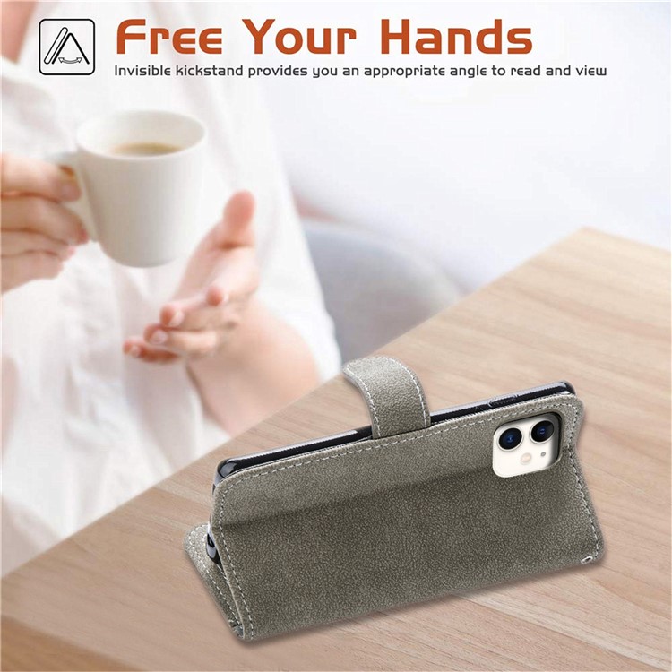 Matte Leather Wallet Stand Phone Cover with Rotary Card Holder Shell for iPhone 11 6.1 inch - Grey-10