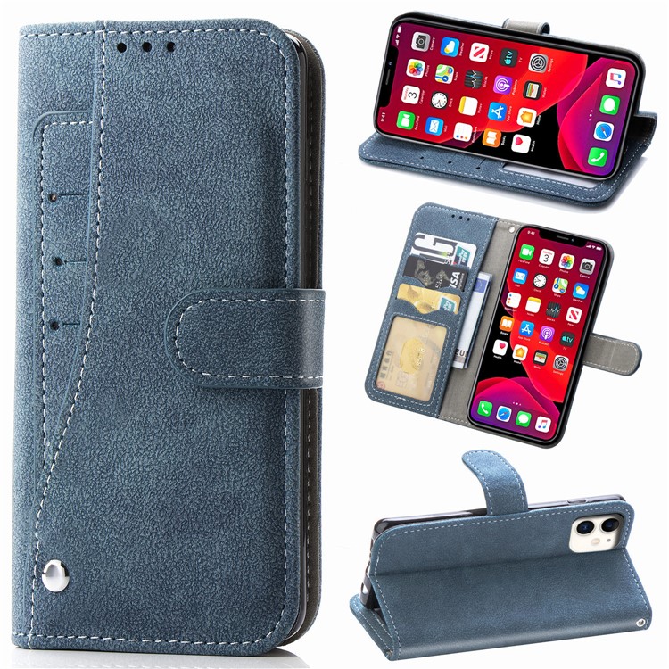 Matte Leather Wallet Stand Phone Cover with Rotary Card Holder Shell for iPhone 11 6.1 inch - Blue-1
