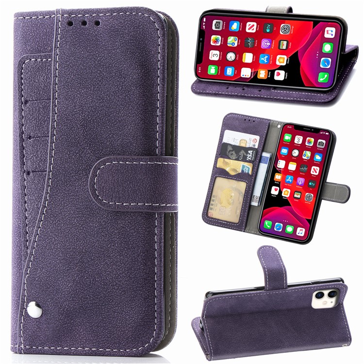 Matte Leather Wallet Stand Phone Cover with Rotary Card Holder Shell for iPhone 11 6.1 inch - Purple-1