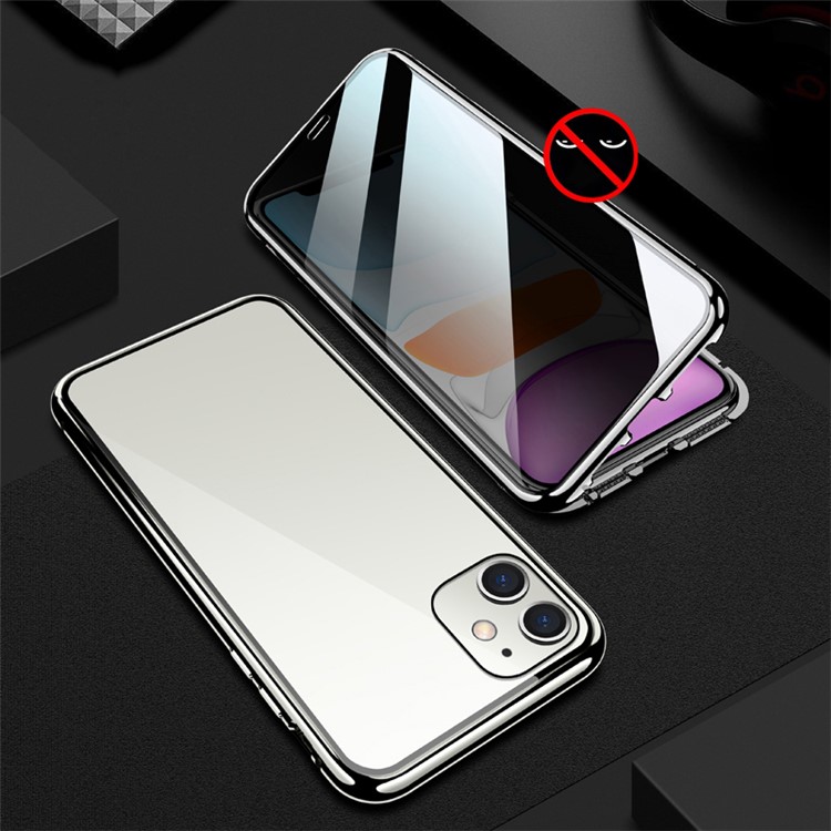 R-JUST Anti-peep Magnetic Installation Metal Frame + Tempered Glass Alll-round Protective Phone Case for iPhone 11 6.1-inch - Silver-1
