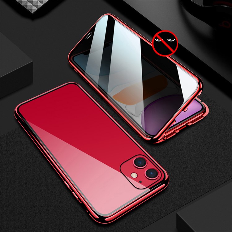 R-JUST Anti-peep Magnetic Installation Metal Frame + Tempered Glass Alll-round Protective Phone Case for iPhone 11 6.1-inch - Red-1