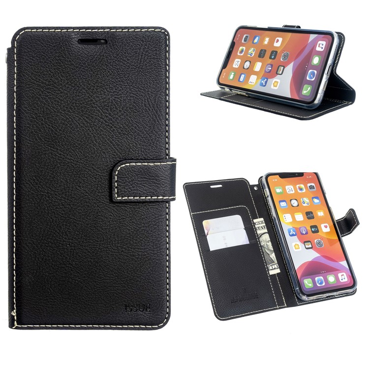 MOLAN CANO Stitches Decor Leather Wallet Stand Phone Casing for iPhone 11 Pro Max 6.5 inch - Black-1