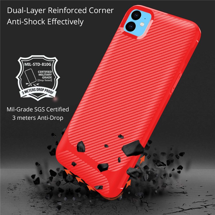 Carbon Fiber Texture Anti-drop TPU Mobile Case for iPhone 11 6.1-inch - Red-11
