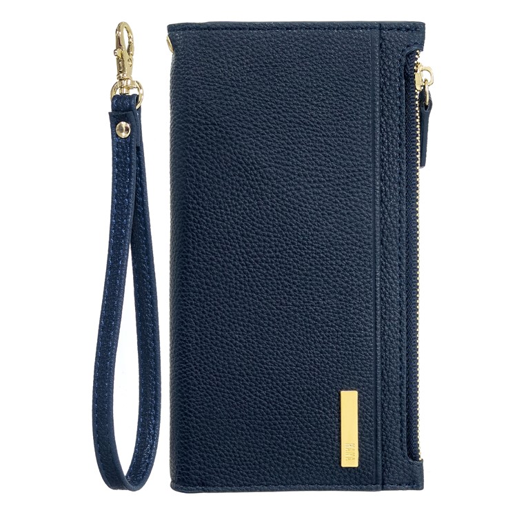 

MOLAN CANO Zipper Pocket Leather Wallet Phone Cover with Strap for iPhone 8 Plus/7 Plus 5.5 inch - Litchi Skin/Dark Blue, iPhone 8 Plus 5.5 inch