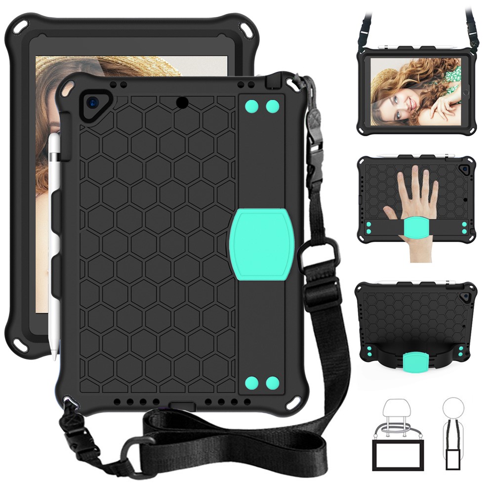 Shockproof Honeycomb Texture Anti-scratch EVA Tablet Cover with Shoulder Strap for Apple iPad 9.7-inch (2018)/(2017) / Air 2 / Air (2013) - Black/Cyan