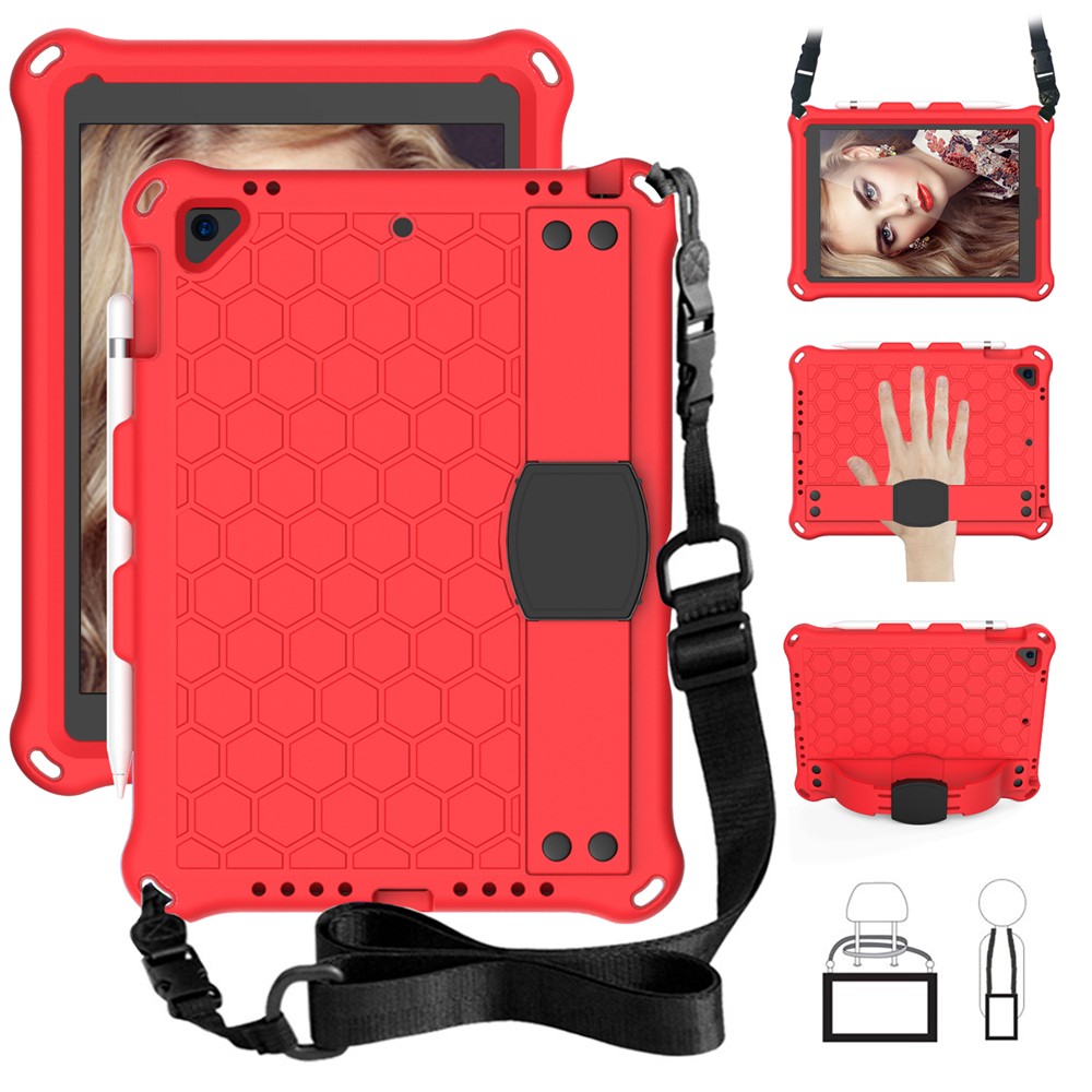 Shockproof Honeycomb Texture Anti-scratch EVA Tablet Cover with Shoulder Strap for Apple iPad 9.7-inch (2018)/(2017) / Air 2 / Air (2013) - Black/Red
