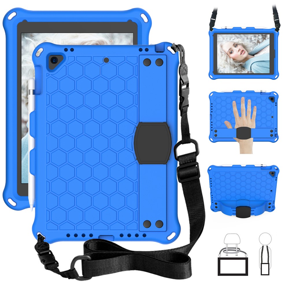 Shockproof Honeycomb Texture Anti-scratch EVA Tablet Cover with Shoulder Strap for Apple iPad 9.7-inch (2018)/(2017) / Air 2 / Air (2013) - Baby Blue/Black