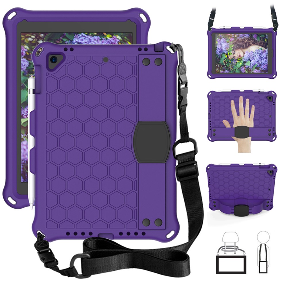 Shockproof Honeycomb Texture Anti-scratch EVA Tablet Cover with Shoulder Strap for Apple iPad 9.7-inch (2018)/(2017) / Air 2 / Air (2013) - Purple/Black