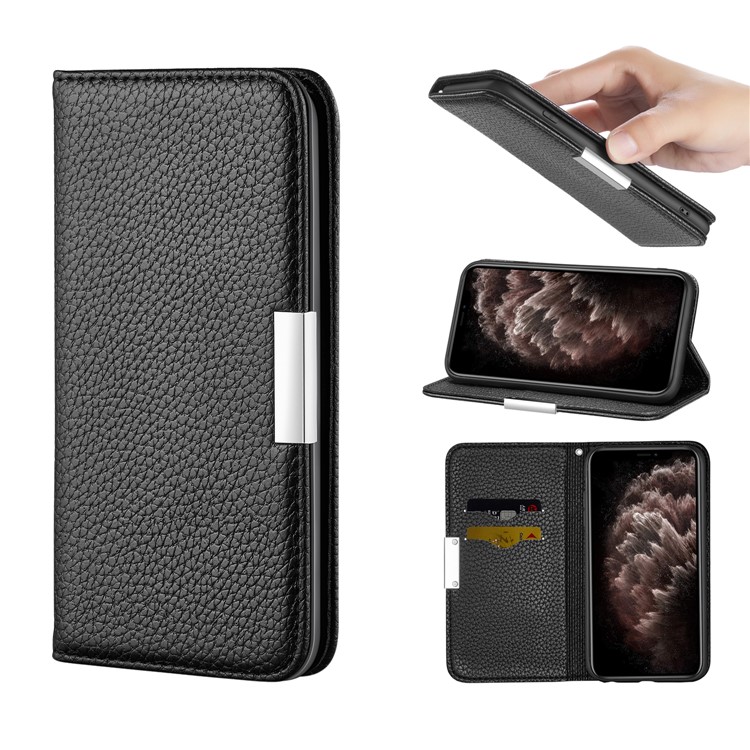 Litchi Skin Leather Stand Case with Card Slots for iPhone 11 Pro Max 6.5 inch - Black-1