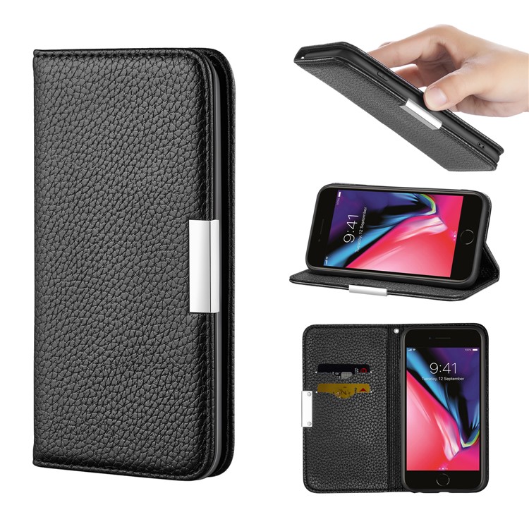 Litchi Skin Leather Card Holder Case with Stand for iPhone 8 Plus / 7 Plus - Black-1