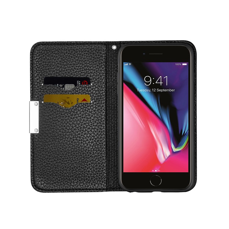 Litchi Skin Leather Card Holder Case with Stand for iPhone 8 Plus / 7 Plus - Black-7