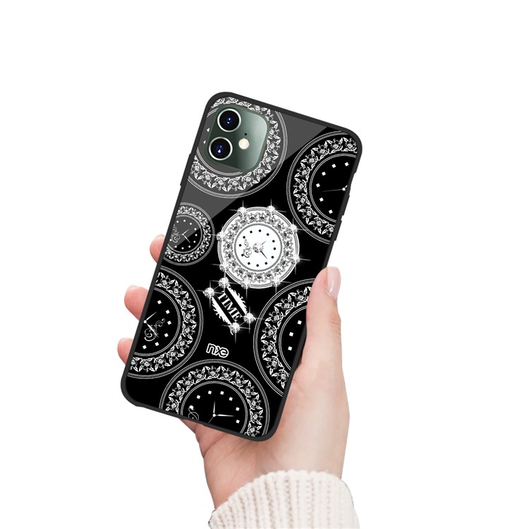 NXE TIME Series Clock Pattern Printing Rhinestone Decor Tempered Glass TPU Combo Case for iPhone 11 6.1 inch - Black-2