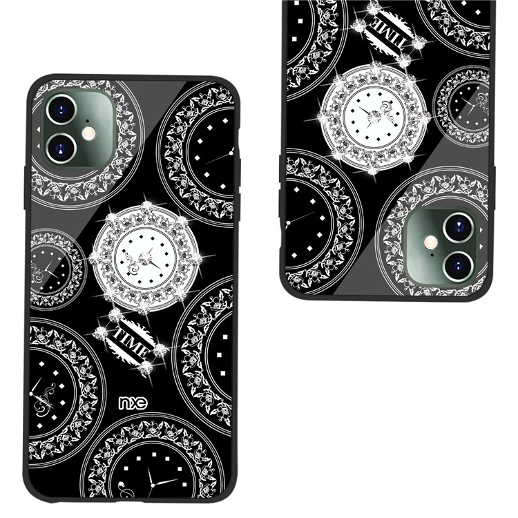 NXE TIME Series Clock Pattern Printing Rhinestone Decor Tempered Glass TPU Combo Case for iPhone 11 6.1 inch - Black-3