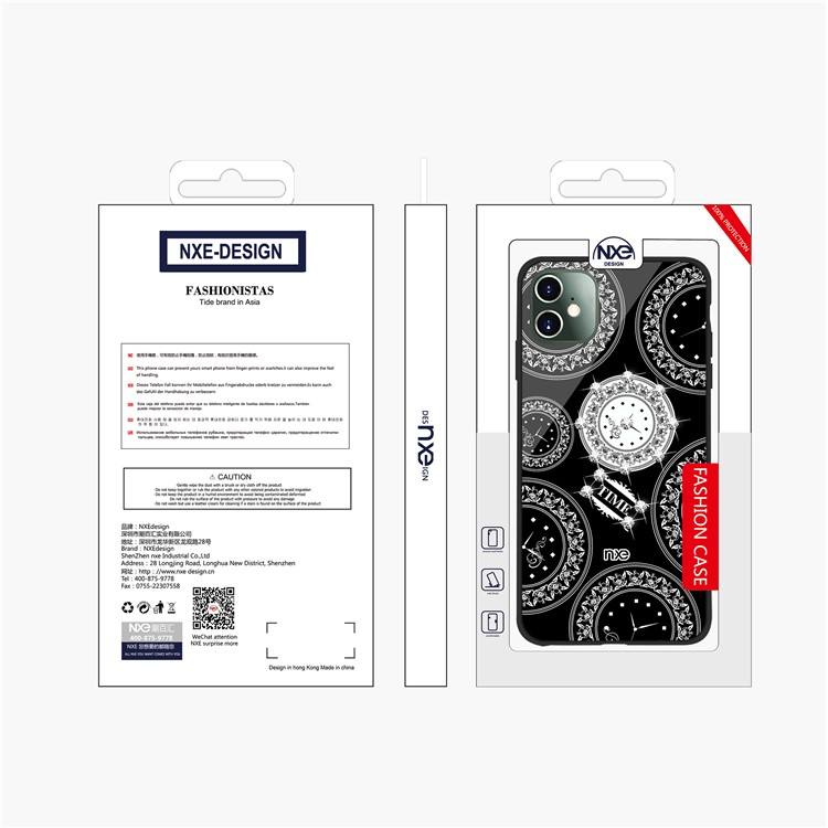 NXE TIME Series Clock Pattern Printing Rhinestone Decor Tempered Glass TPU Combo Case for iPhone 11 6.1 inch - Black-6