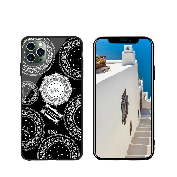 NXE TIME Series Clock Pattern Printing Rhinestone Decor Tempered Glass TPU Combo Shell for iPhone 11 Pro Max 6.5 inch - Black-1