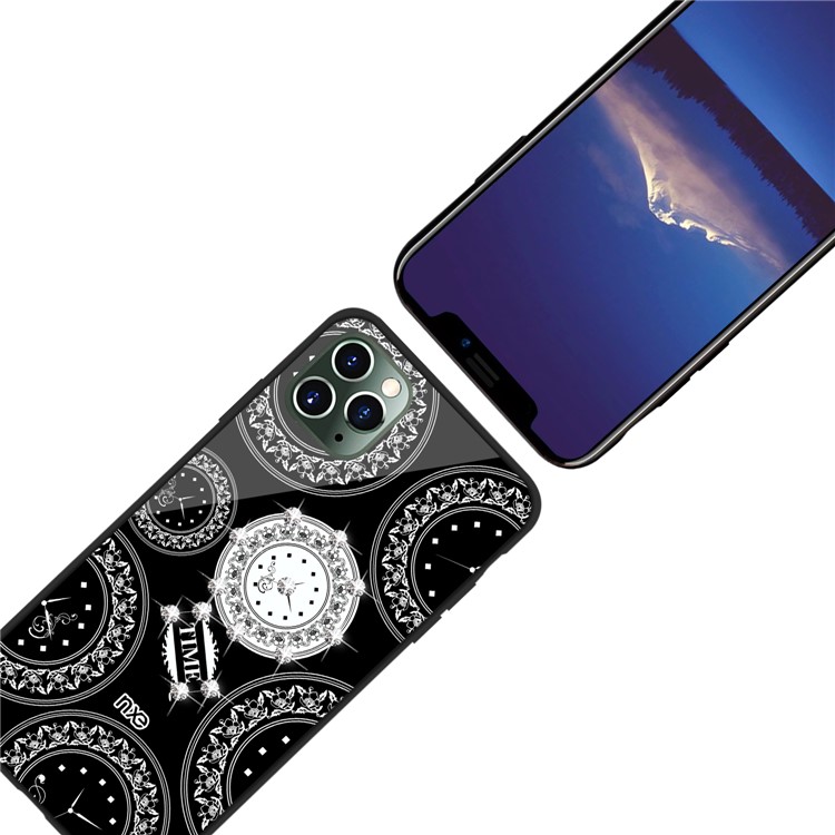 NXE TIME Series Clock Pattern Printing Rhinestone Decor Tempered Glass TPU Combo Shell for iPhone 11 Pro Max 6.5 inch - Black-5