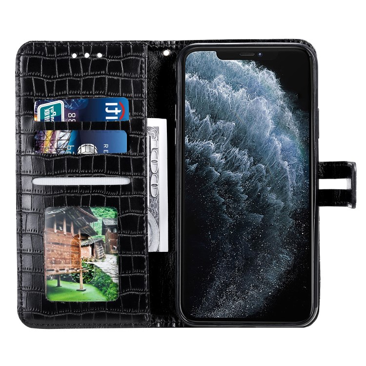 Crocodile Skin PU Leather Phone Cover Wallet with Strap for Apple iPhone 11 6.1 inch - Black-4