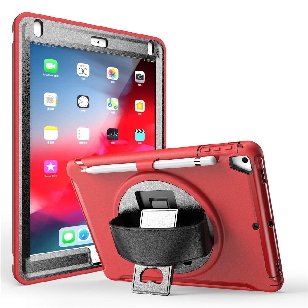360° Swivel Kickstand PC + TPU Tablet Case with Pen Slot and Hand Strap for iPad Air (2013)/Air 2/9.7-inch (2017)/(2018)/iPad Pro 9.7-inch(2016) - Red
