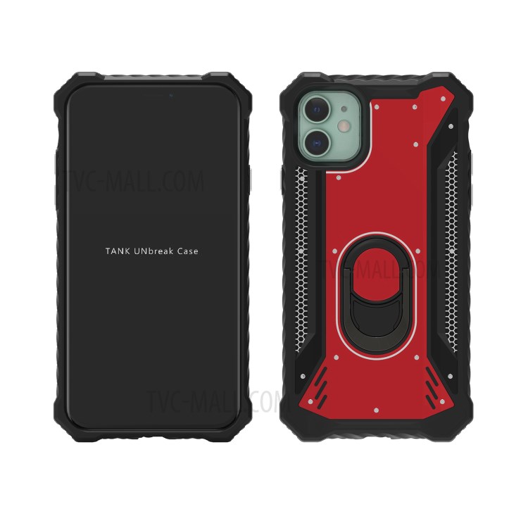 Military Graded Machined Shock-proof Metal+Plastic+TPU Phone Case with Kickstand for iPhone 11 6.1-inch - Red Black-1