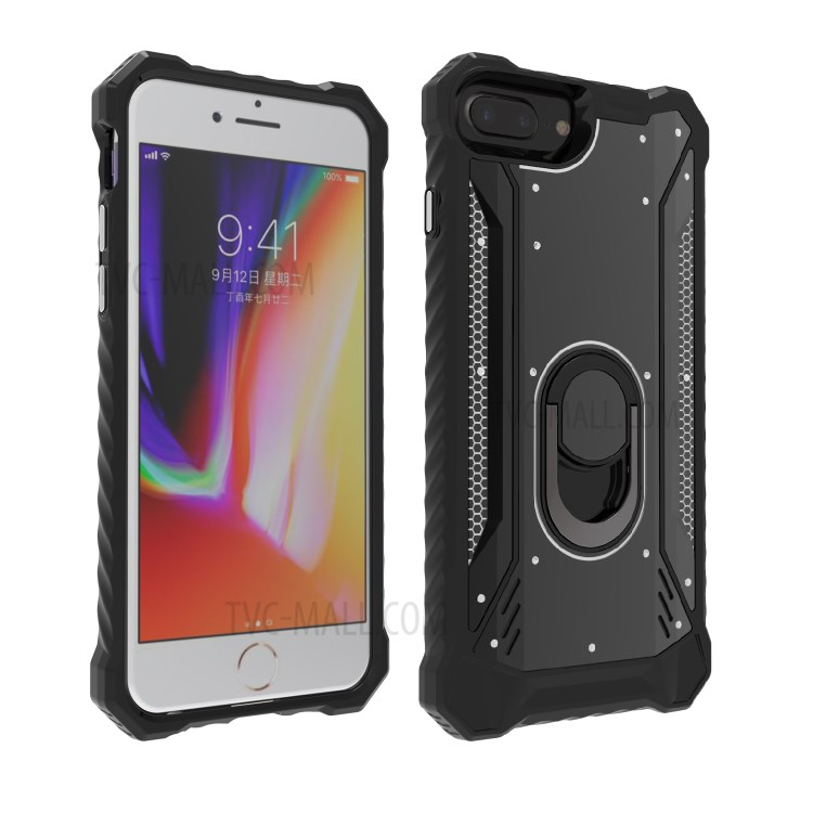 Shock-proof Metal+Plastic+TPU Phone Case with Kickstand for iPhone 6 Plus/7 Plus/8 Plus - Black-1