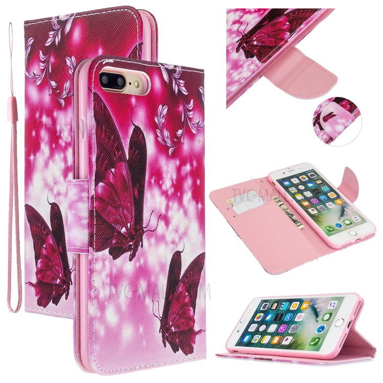 Pattern Printing Cross Texture Leather Stand Case with Card Slots for iPhone 8 Plus/7 Plus - Butterflies-1