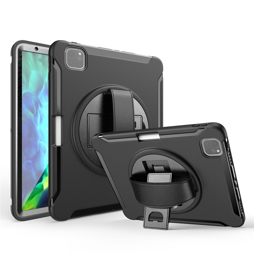 360° Swivel Kickstand PC + TPU Tablet Shell with Pen Slot and Hand Strap for iPad Pro 11 (2022) / (2021) / (2020) / Air (2020) / Air (2022) - Black