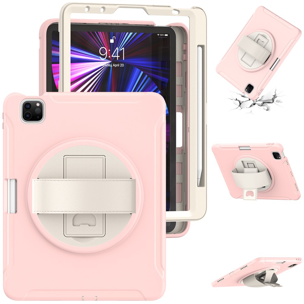 360° Swivel Kickstand PC + TPU Tablet Shell with Pen Slot and Hand Strap for iPad Pro 11 (2022) / (2021) / (2020) / Air (2020) / Air (2022) - Pink