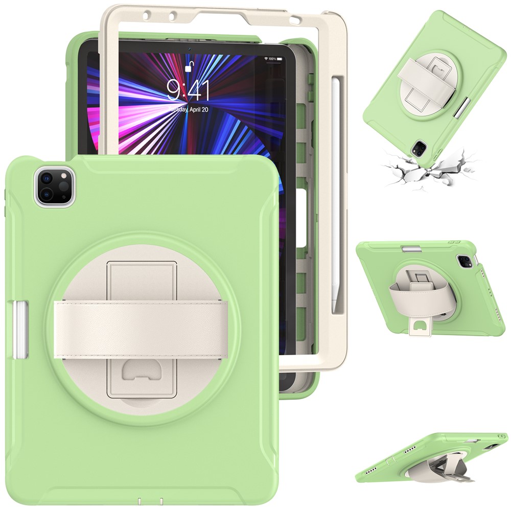 360° Swivel Kickstand PC + TPU Tablet Shell with Pen Slot and Hand Strap for iPad Pro 11 (2022) / (2021) / (2020) / Air (2020) / Air (2022) - Light Green