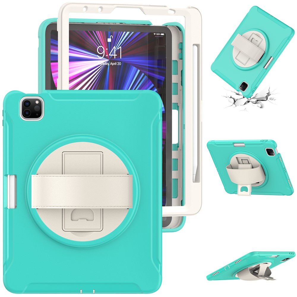 360° Swivel Kickstand PC + TPU Tablet Shell with Pen Slot and Hand Strap for iPad Pro 11 (2022) / (2021) / (2020) / Air (2020) / Air (2022) - Cyan