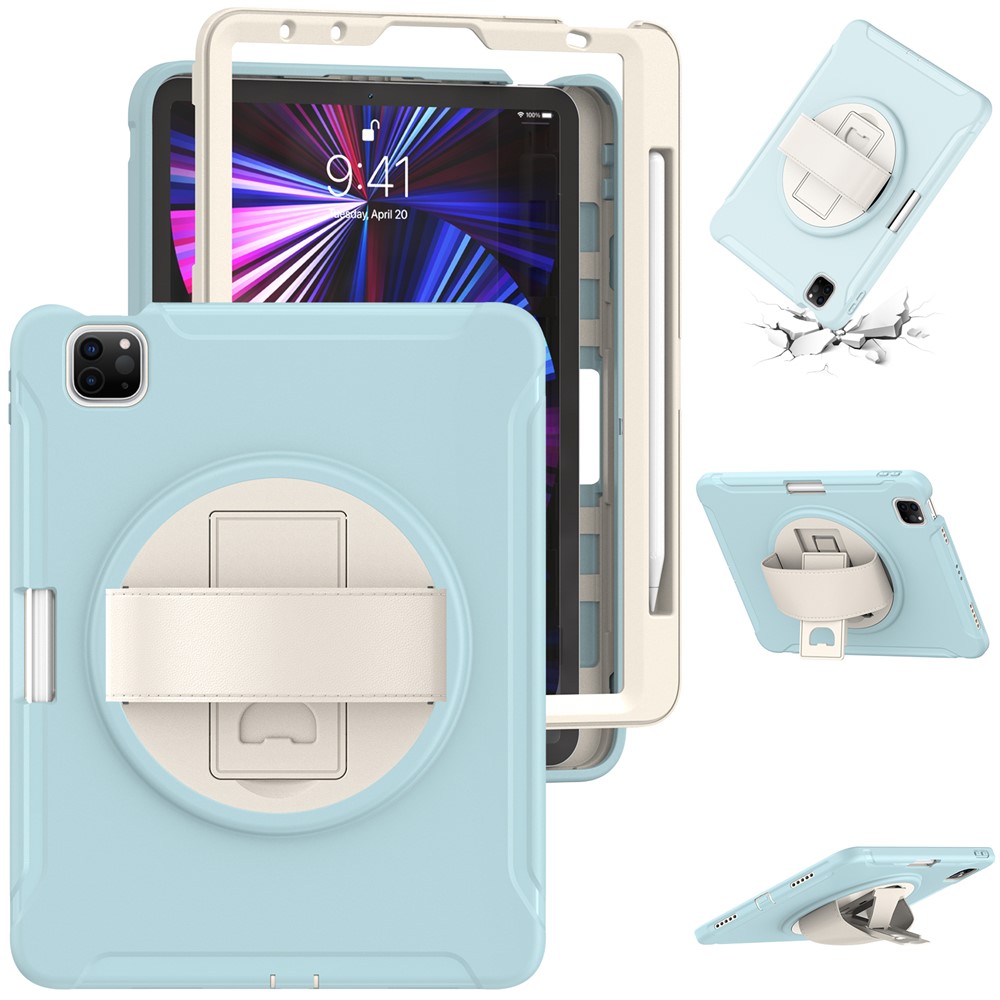 360° Swivel Kickstand PC + TPU Tablet Shell with Pen Slot and Hand Strap for iPad Pro 11 (2022) / (2021) / (2020) / Air (2020) / Air (2022) - Sky Blue