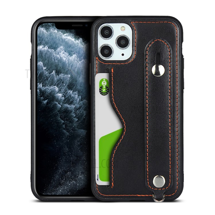 Handy Strap Kickstand Card Holder Genuine Leather Coated TPU Back Shell with Lanyard for iPhone 11 Pro 5.8 inch - Black-1