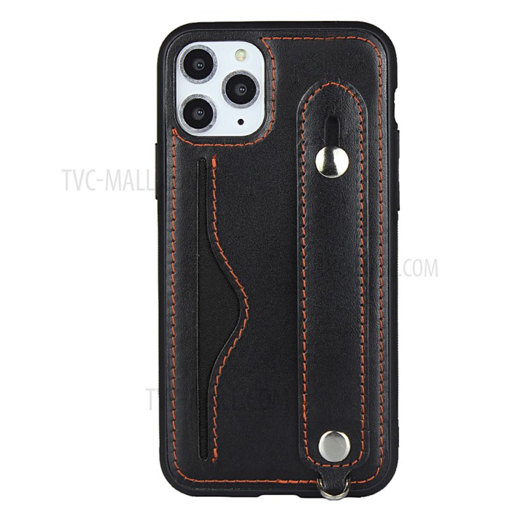 Handy Strap Kickstand Card Holder Genuine Leather Coated TPU Back Shell with Lanyard for iPhone 11 Pro 5.8 inch - Black-4