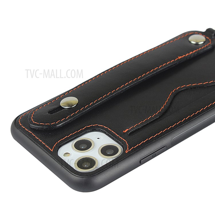 Handy Strap Kickstand Card Holder Genuine Leather Coated TPU Back Shell with Lanyard for iPhone 11 Pro 5.8 inch - Black-8