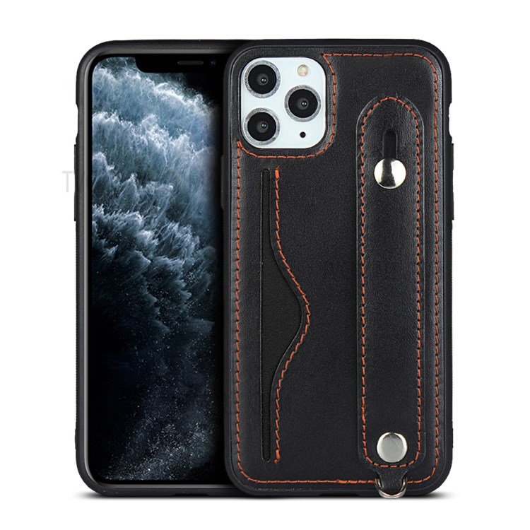 Handy Strap Kickstand Card Holder Genuine Leather Coated TPU Phone Cover with Lanyard for iPhone 11 Pro Max 6.5 inch - Black-2