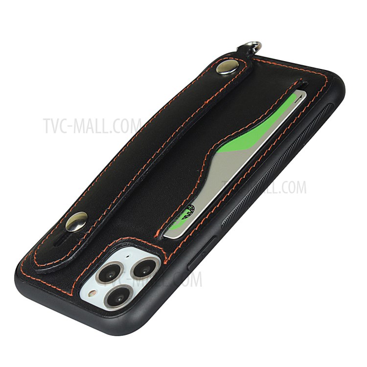 Handy Strap Kickstand Card Holder Genuine Leather Coated TPU Phone Cover with Lanyard for iPhone 11 Pro Max 6.5 inch - Black-7