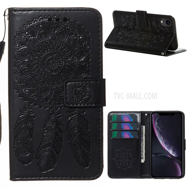 For iPhone XR 6.1 inch Imprint Dream Catcher Flower Wallet Leather Flip Cover - Black-1