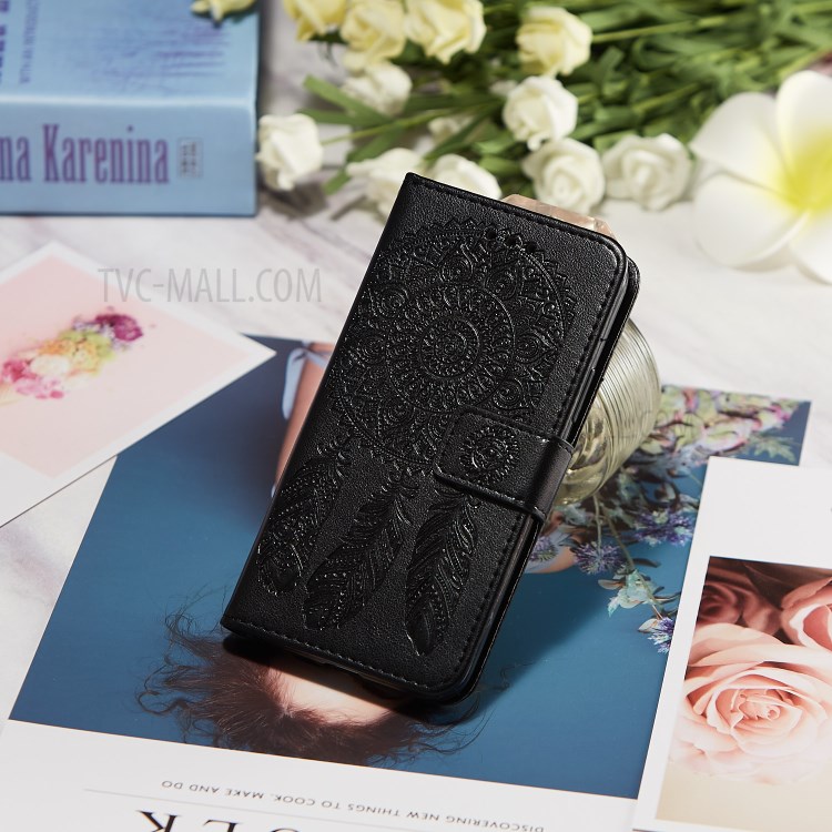 For iPhone XR 6.1 inch Imprint Dream Catcher Flower Wallet Leather Flip Cover - Black-11