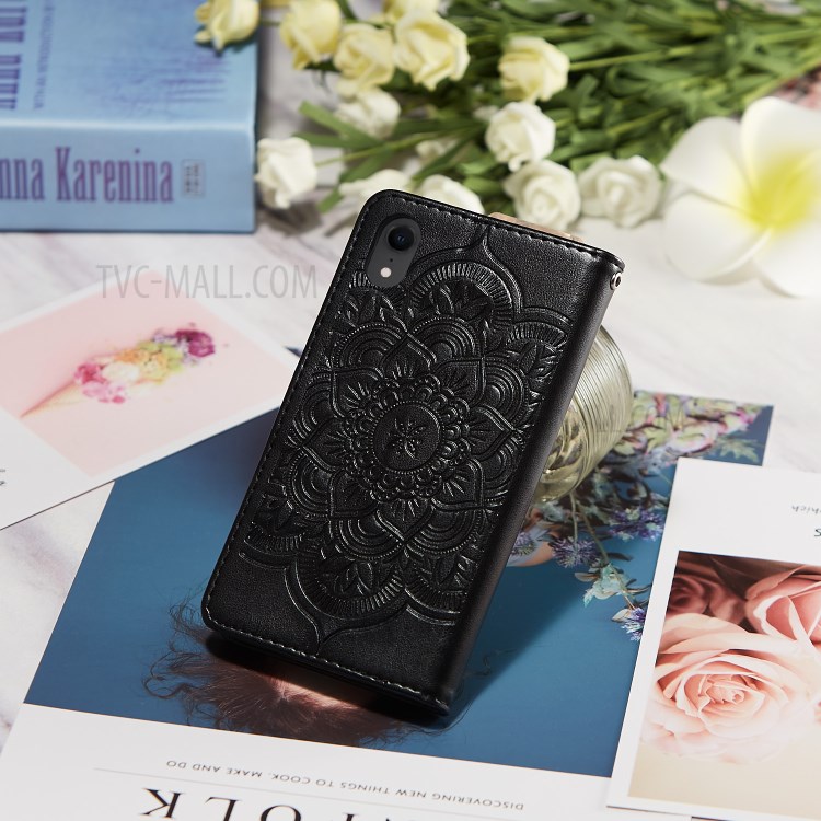 For iPhone XR 6.1 inch Imprint Dream Catcher Flower Wallet Leather Flip Cover - Black-12