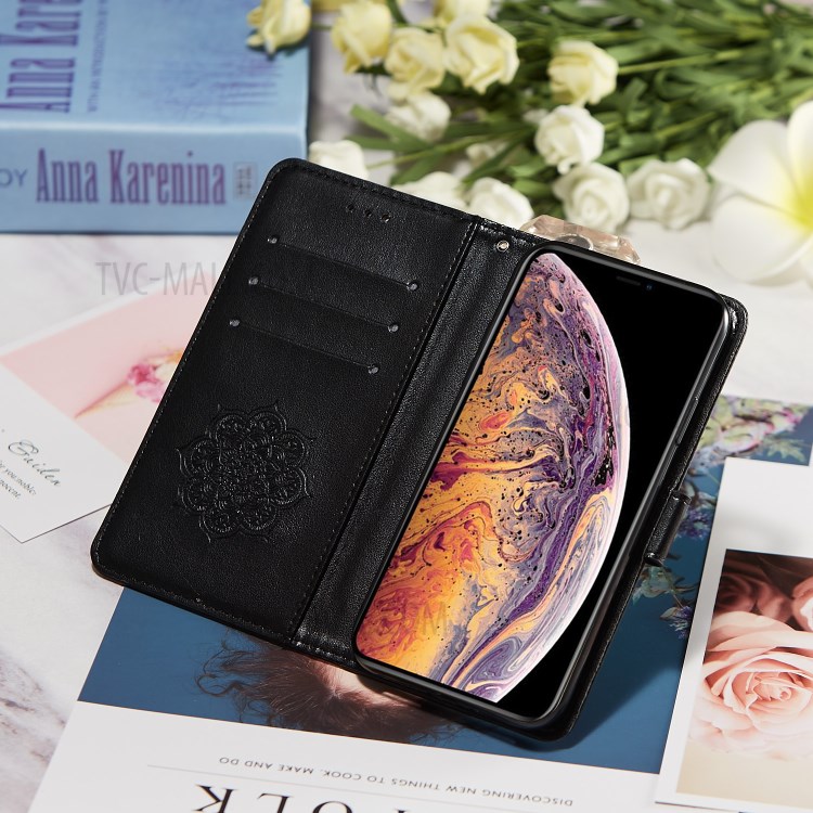 For iPhone XR 6.1 inch Imprint Dream Catcher Flower Wallet Leather Flip Cover - Black-13