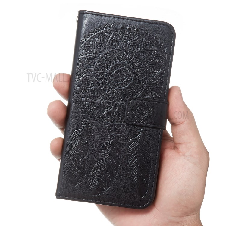 For iPhone XR 6.1 inch Imprint Dream Catcher Flower Wallet Leather Flip Cover - Black-9