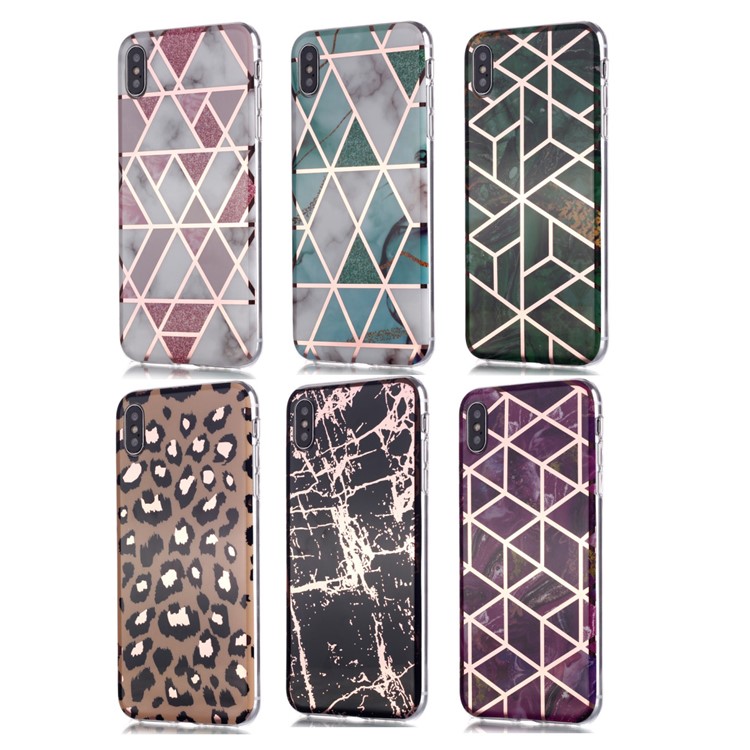 Marble Pattern Rose Gold Electroplating IMD TPU Back Case for iPhone XS/X 5.8 inch - White / Pink-6